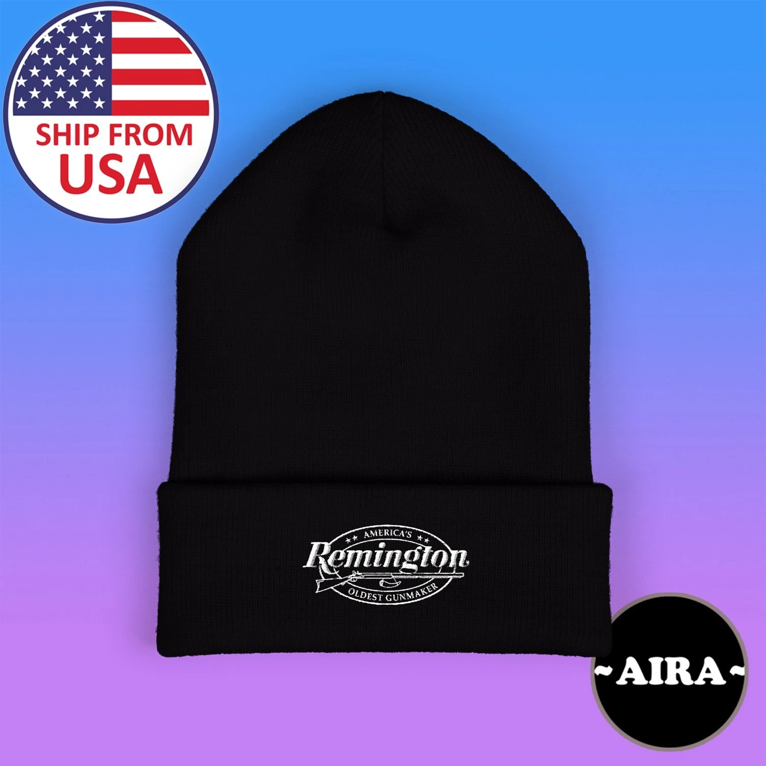 Remington Firearms Guns Classic Winter Black Beanie Hat Size Adult