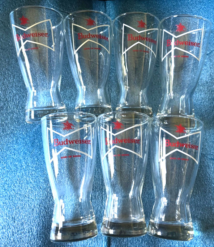 SET OF 7 VINTAGE BUD BUDWEISER BEER 12oz. GLASSES ANHEUSER BUSCH -NEW OLD STOCK!