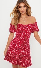 red pretty little thing floral off the shoulder puff sleeve dress
