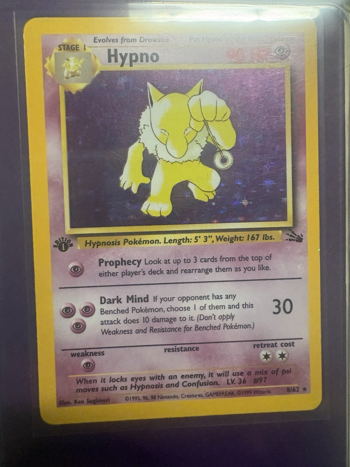 Pokemon TCG Fossil Hypno 8/62 Holo Rare 1st Edition LP/NM