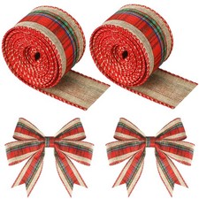2 Rolls 12 Yards Christmas Buffalo Plaid Ribbons Wired, 1.5 in, Green Red