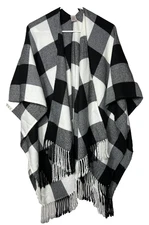 Buffalo Check Blanket Shawl Wrap Poncho Black White Fringe One Size Acrylic