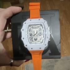 Olevs Tonneau Skeleton Dial Sport Wristwatch Orange Silicone Band White Case