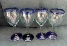 Mexican Hand Blown Wine Glasses Cobalt Blue Rim & Base  8” Set Of 4