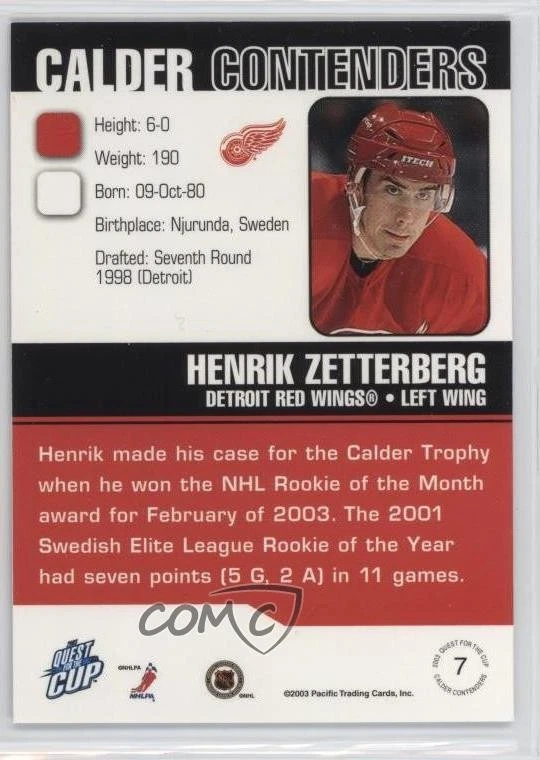 2002 Pacific Quest for the Cup Calder Contenders Henrik Zetterberg #7 Rookie RC - Image 2 of 2