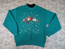 Vintage Morning Sun Whittier Bird Snow Christmas Sweatshirt USA Made Teal Size M
