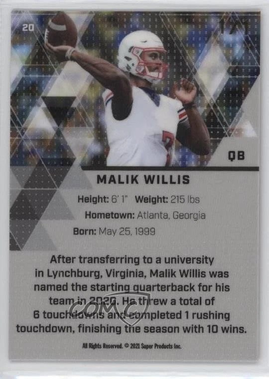 2021 Super Glow Sports Inaugural Edition Red Pulsar 1/1 Malik Willis #20 11pj - Image 2 of 3