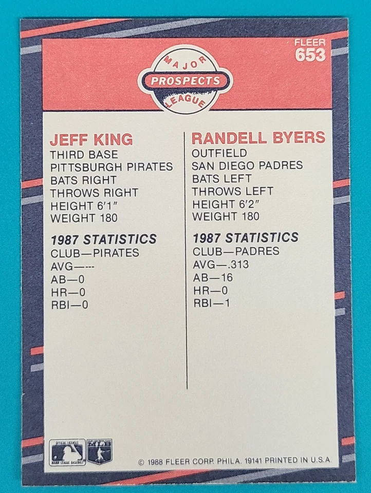 1988 Fleer   #653 Jeff King  Randall Byers RC   Baseball Card B3 - Image 2 of 2
