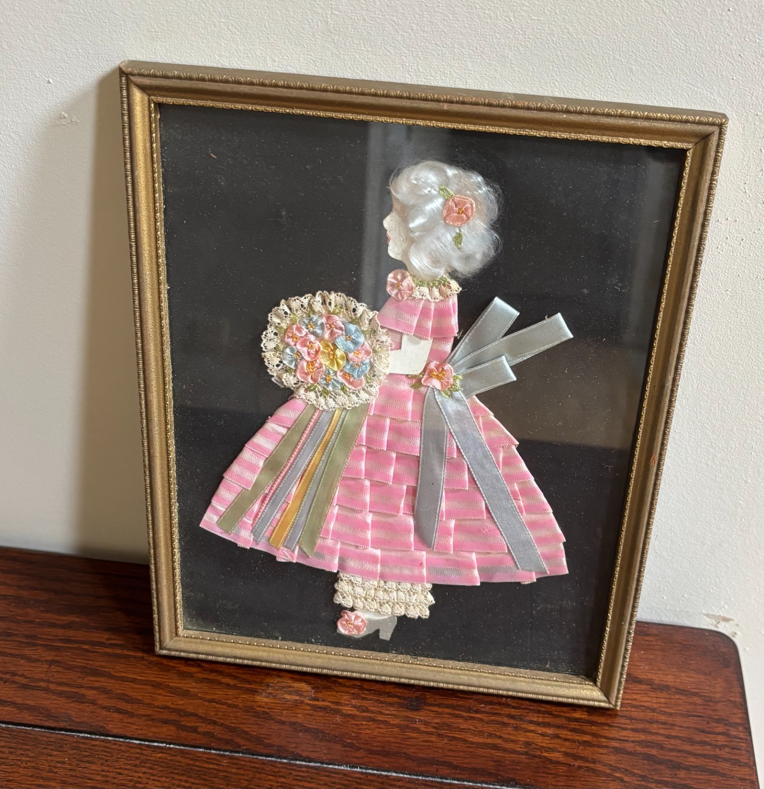 Vtg Framed RIBBON ART Doll Picture