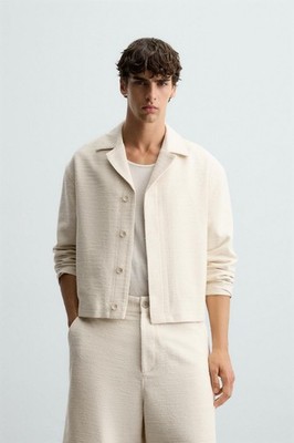 Zara Man Jacket Textured Tan Medium Fit Overshirt Slick collar Light NWT Fresh.