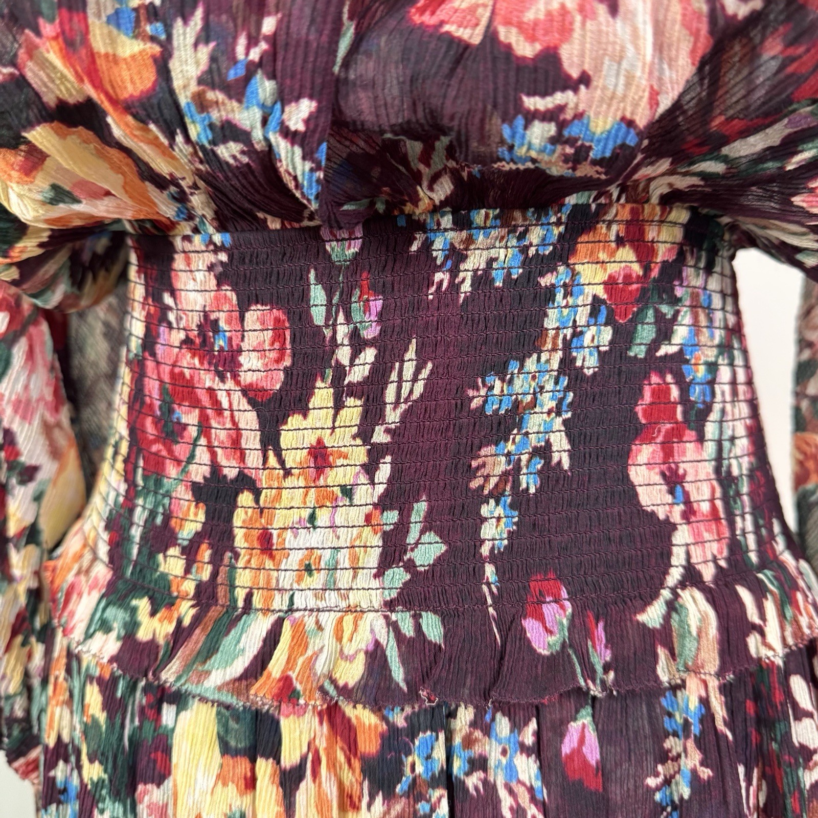 ZIMMERMANN Allia Shirred Long Dress Burgundy Floral Cotton Silk Size 4 / 8 UK 