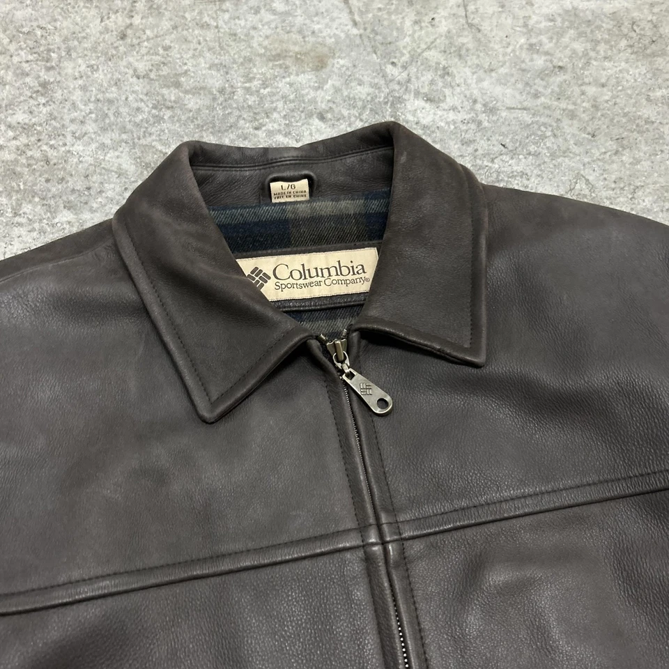 Columbia Leather Jacket Mens Large Brown Zip Front Plaid Wool Blend Lining YKK - Image 2 of 4