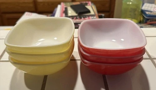 Vintage Pyrex Ovenware 410 12oz Yellow & Red Square Bowls USA Set of 6
