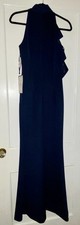 JESSICA HOWARD Sleeveless Mock Neck Cascade Ruffle Gown W/ Slit At Hem Navy 6