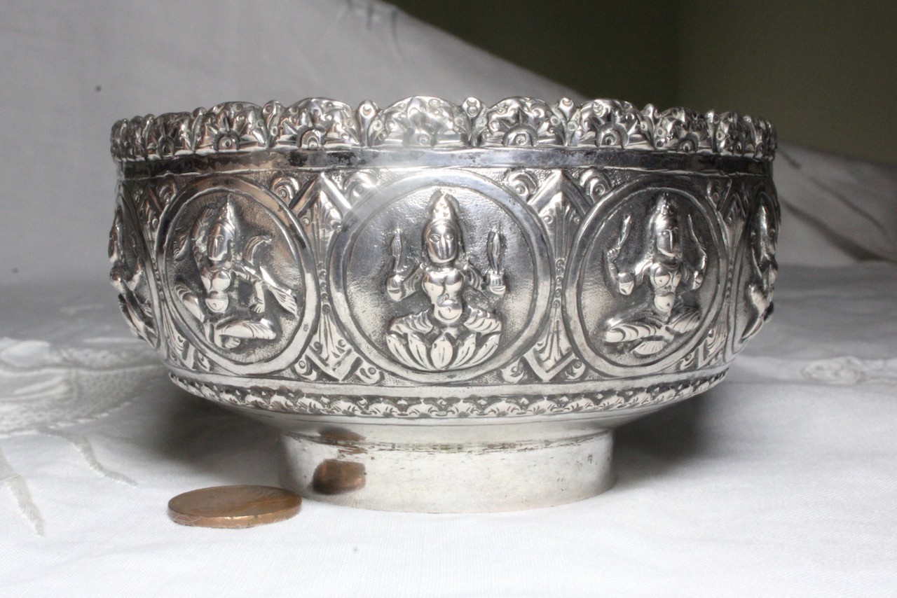 Antique Silver Repousse Burma, Sri Lanka? Hindu Buddhist Dancers Offering Bowl