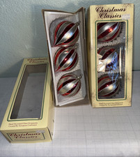 VTG Christmas Glass Ornaments Stripe Teardrop Ball Glitter Red Silver Romania X6