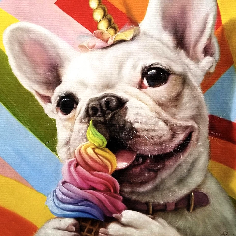 Arte de pared bulldog francés unicornio helado decoración cumpleaños decoración lienzo Foto 2 de 4