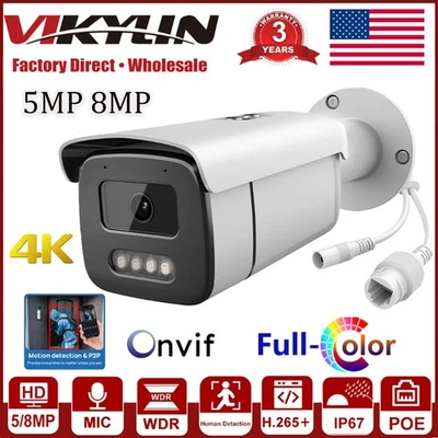 Vikylin 8MP 5MP Full Color IP Camera Security POE Bullet Outdoor Build in MIC MD