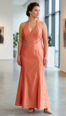Magic Nights Abendkleid orange Satin lang V-Ausschnitt ärmellos Träger Gr 44