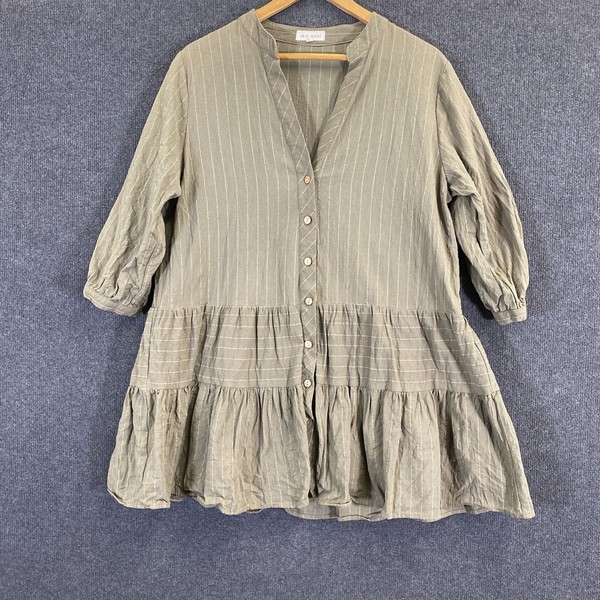 IRIS MAXI Dress Womens 12 Green Stripe Shirt Tiered Puff Sleeve V Neck Mini