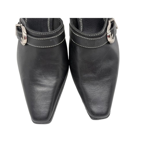 Liz Claiborne Flex Bree Black Leather Buckle Mules Pointed Toe Block Heel 7.5M - Picture 3 of 9