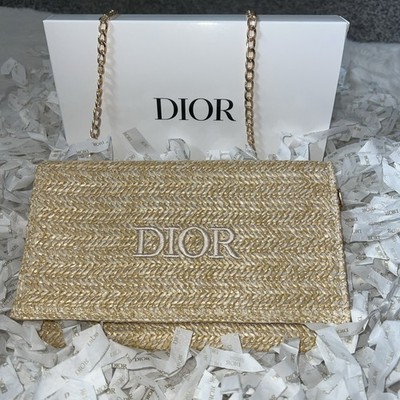 Christian Dior Raffia Woven Clutch Tasche GWP - Gold Kette Crossbody Neu mit Box 