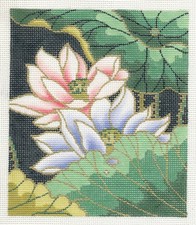 Oriental Lotus Flowers  6" by 5" handpainted Needlepoint Canvas  BG Insert LEE