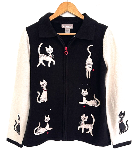 Tanjay schwarz/beige Crazy Cat Lady bestickt Cardigan mit durchgehendem Reißverschluss Größe S