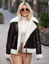 Women's B3 Shearling Aviator Jacket Brown RAF Leather Fur Biker Coat Winter Warm