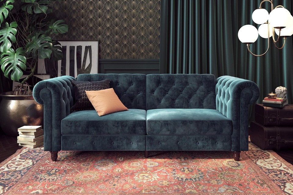 FELIX VINTAGE RETRO STYLE CHESTERFIELD SOFA BED - BLUE VELVET BY DOREL ...
