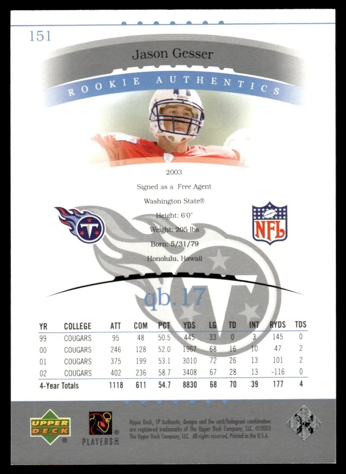 2003 SP Authentic Jason Gesser Rookie 0616/1200 Tennessee Titans #151 R121 - Image 2 of 2