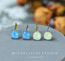 Minimalist Large Square Fire Opal Huggie Hoop Earrings, Gold Plated Huggie Hoop 