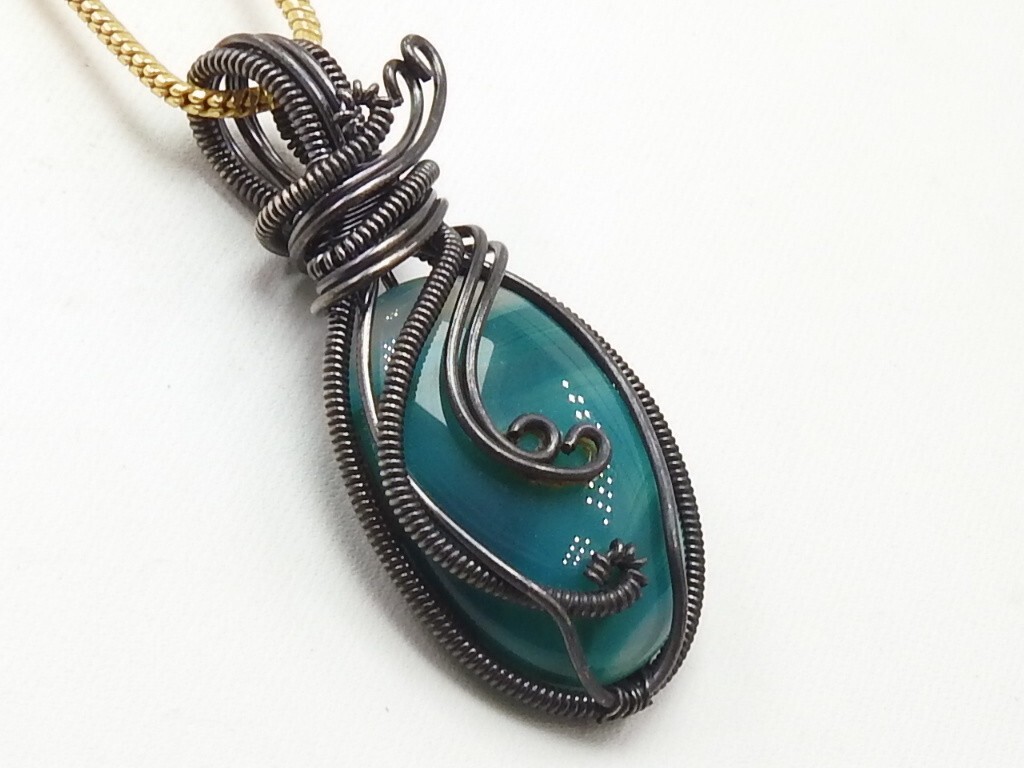 Green Strip Agate Brass Pendant Silver Oxidised Polished Wire Wrapped Jewelry
