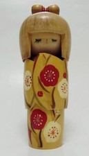 Vtg Miyashita Hajime Japanese Kokeshi Doll Red White Flower Kimono 6 3/4" Tall