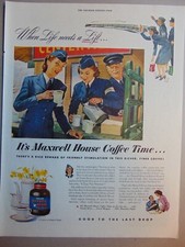 Maxwell House Coffee Time 1944 pregunta a las chicas cantimplora anuncio impreso de arte vintage