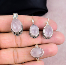 Rose Quartz Jewelry Set 925 Sterling Silver Gemstone Ring Earrings Pendant Gift