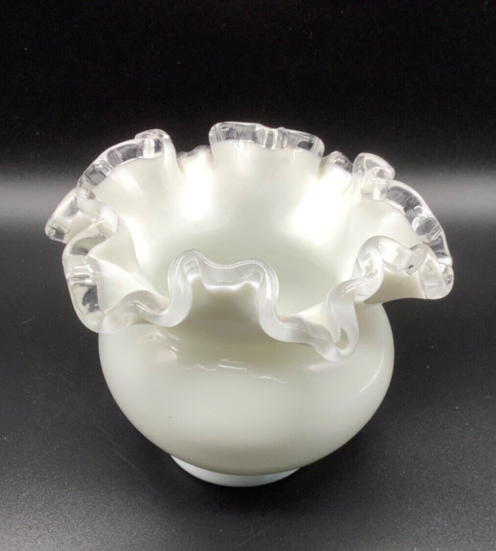 Silver Crest White Milk Glass Rose Bowl Vase Ruffled Crimped Edge, 4” tall