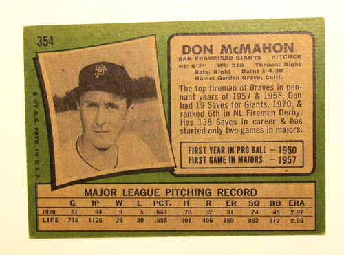 Don McMahon {1930-1987} Signed 1971 Topps Card #354 San Francisco Giants COA - Picture 2 of 2