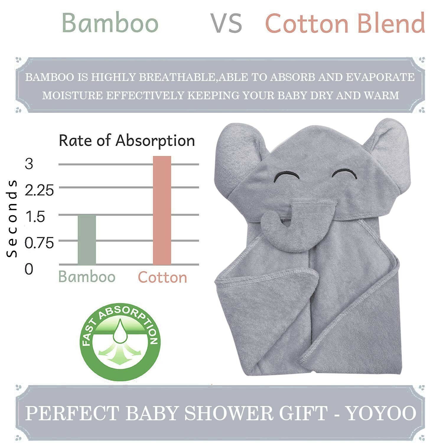 Animal Face Hooded Bamboo Towel, Pretty Elephant  Brand New