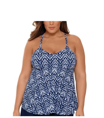 Swim Solutions 18W Aztec Blue Plus Printed VNeck underwire tankini top.