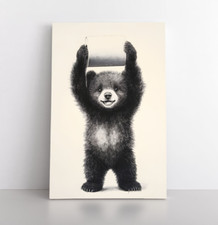 Bear Cub Bathroom Wall Art Print Framed Canvas, Cute Toilet Paper Animals Decor