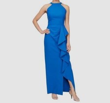 Alex Evenings Women's Blue Long Ruffle Cascade Sleeveless Sheath Gown Size 6