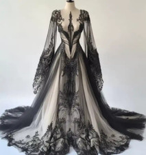 Medieval Vintage Black Champagne Wedding Dresses 3D Flower Unique Floor Length