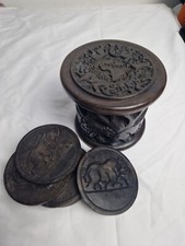 Ebony wood Table Coasters Set and Box with the African Big Five Animals Carving