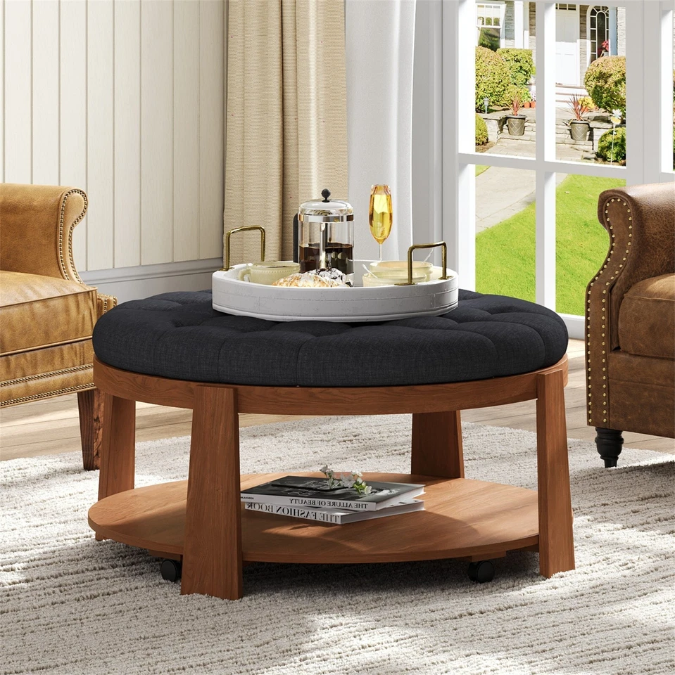 Modern Ottoman Round Ottoman Coffee Table 2-Tier Oversized Button Tufted Wheels - Image 4 of 4