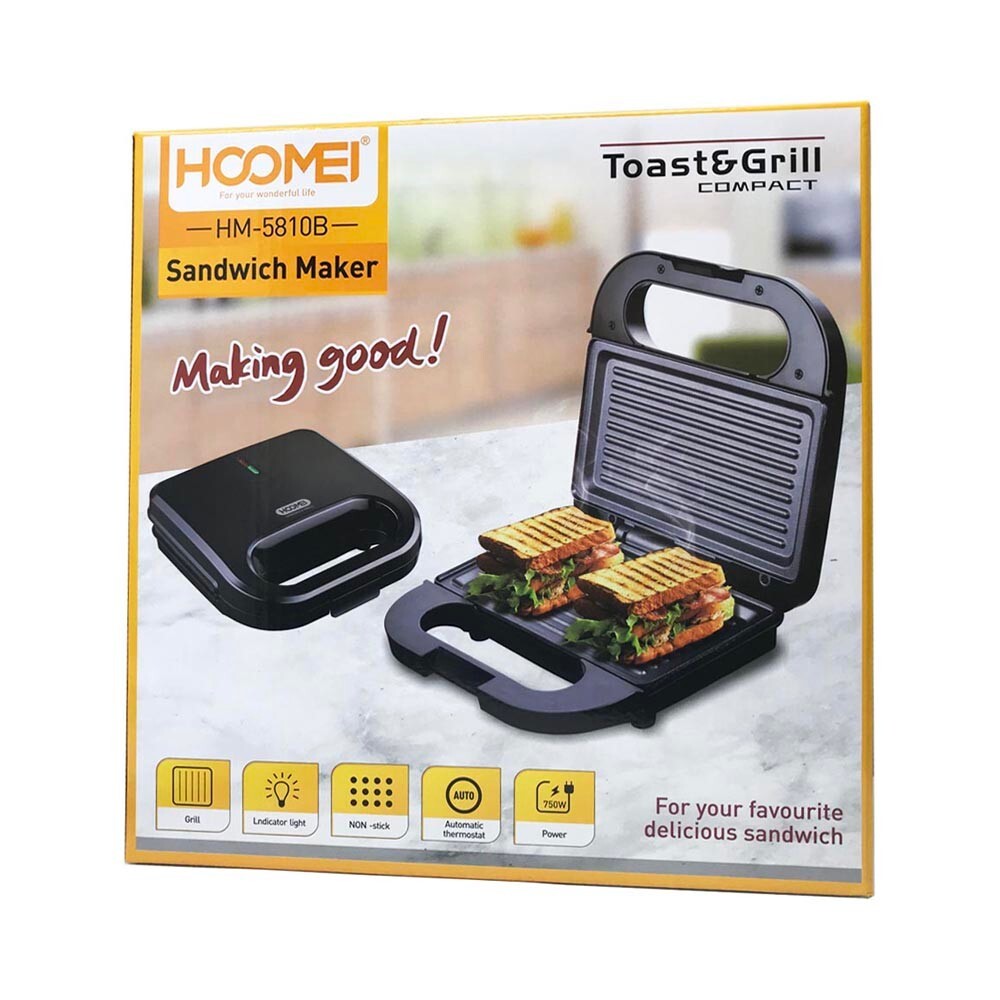 Tostapane Elettrico 750W Piastra Antiaderente per 2 Toast e Panini Caldi