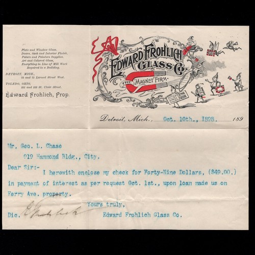 Edward Frohlich Glass Co Magnet Firm Detroit 1898 Cover & Pixie Letterhead 1n - Picture 3 of 3