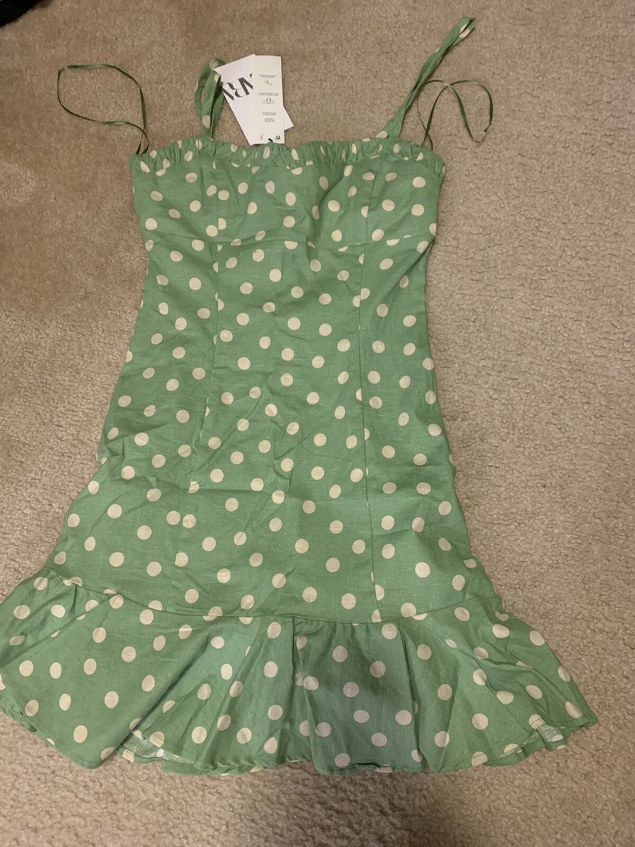 ZARA GREEN LINEN BLEND MINI STARPPY POLKA DOT PRINT DRESS WITH RUFFLE SIZE  Xs