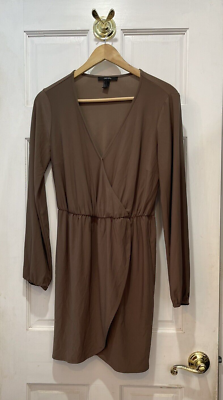 Forever 21 Brown V-Neck Long Sleeve Dress with Elasticized Waist Size Small