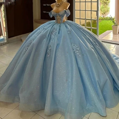 Sky Blue Quinceanera Dresses Sweet 15 16 Glitter Vestidos De XV Años Ball Gowns